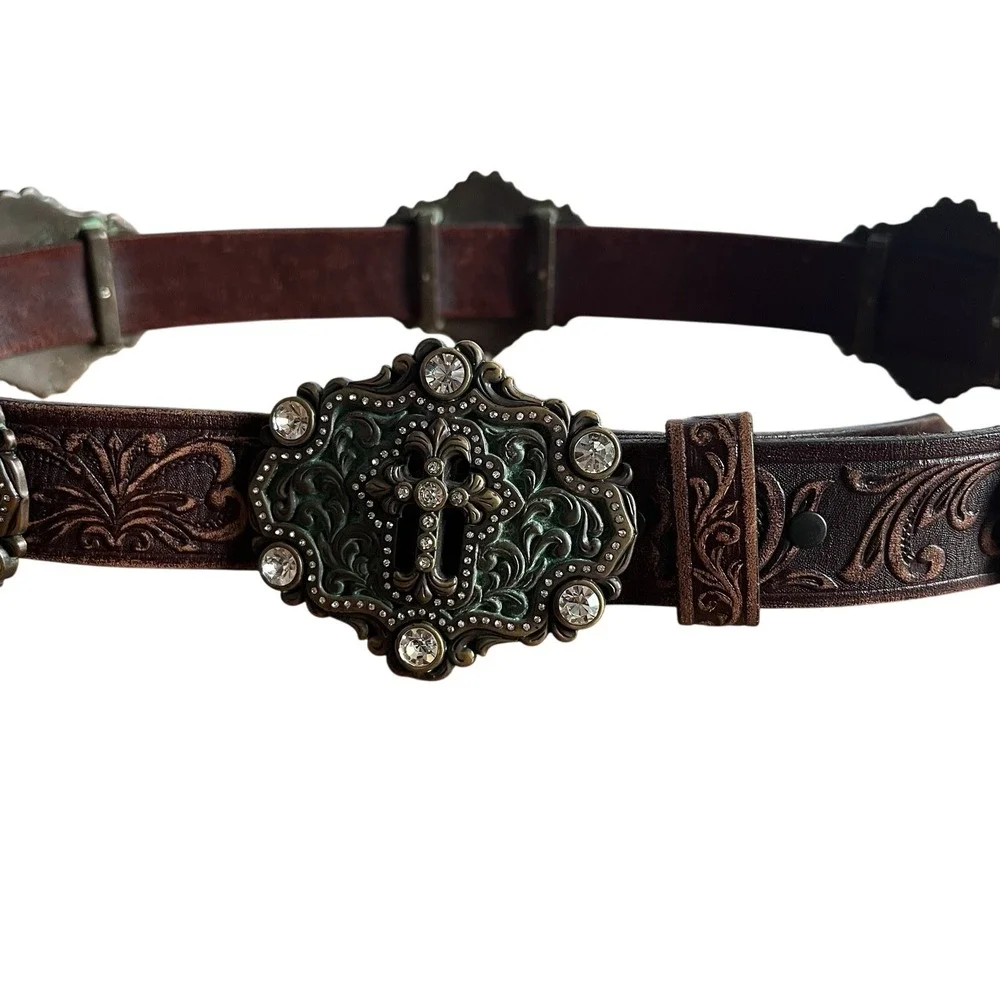 Tony Lama Brown Tooled Leather Swarovski Crystals‎ Concho Cross Western Belt 38